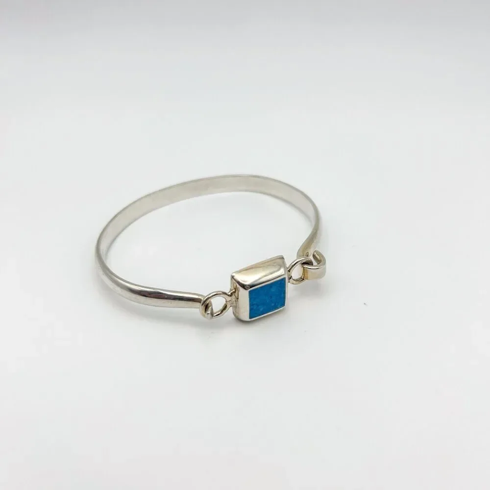 Sterling Silver 925 Hinged Bangle Turquoise-Color Square Stone Southwestern